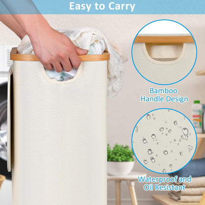 Wäschekorb mit Rollen und Deckel 75L Beige Bambusgriffe, abnehmbarer