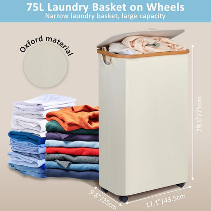 efluky Wäschekorb mit Rollen und Deckel Beige 75L