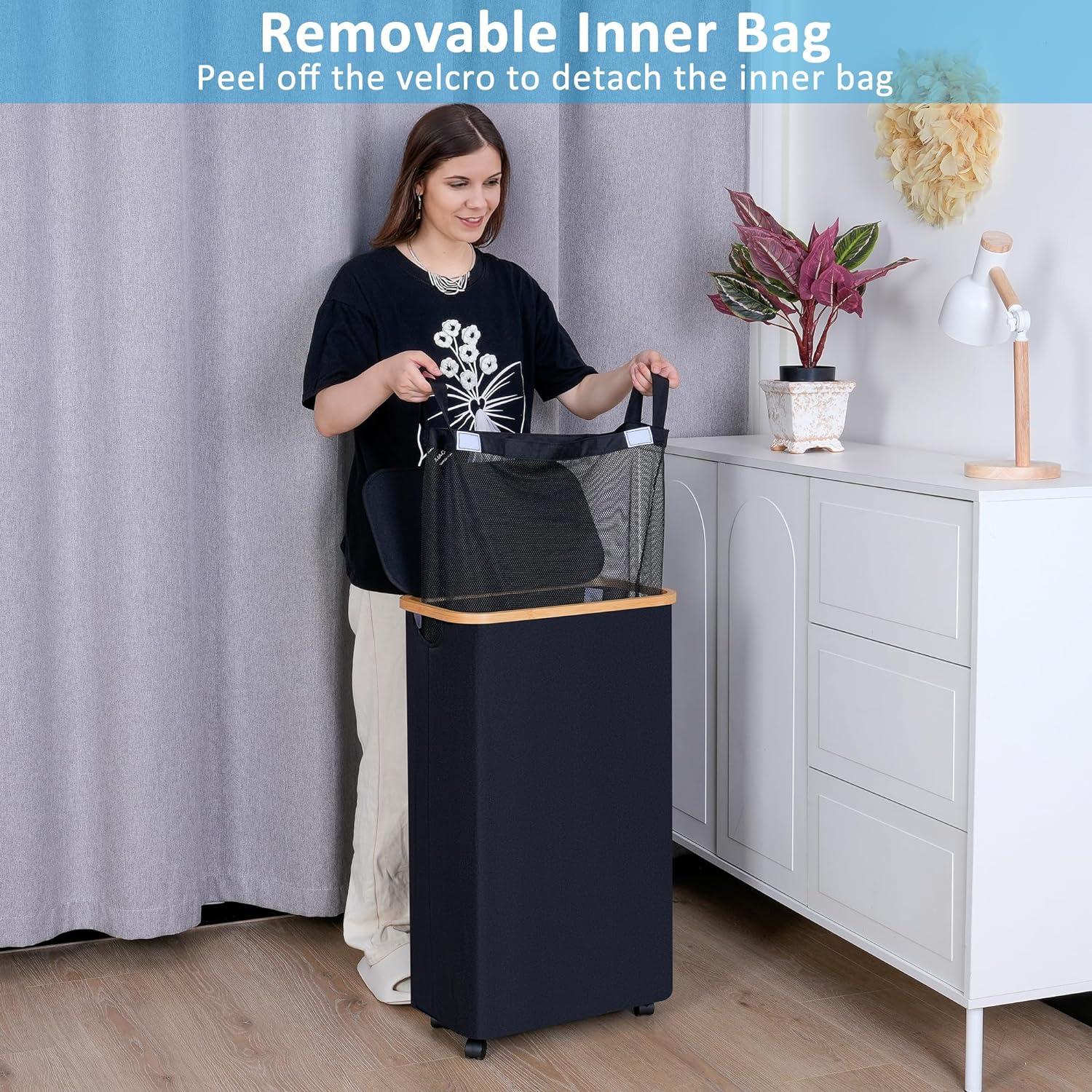 Faltbarer Wäschekorb 75L mit Rollen und Deckel Beige Bambus