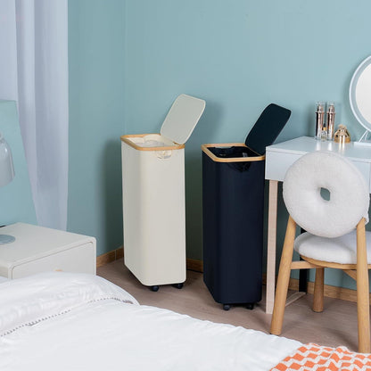 Wäschekorb mit Rollen 75L Faltbar Deckel Beige Bambusgriff abnehmbarer