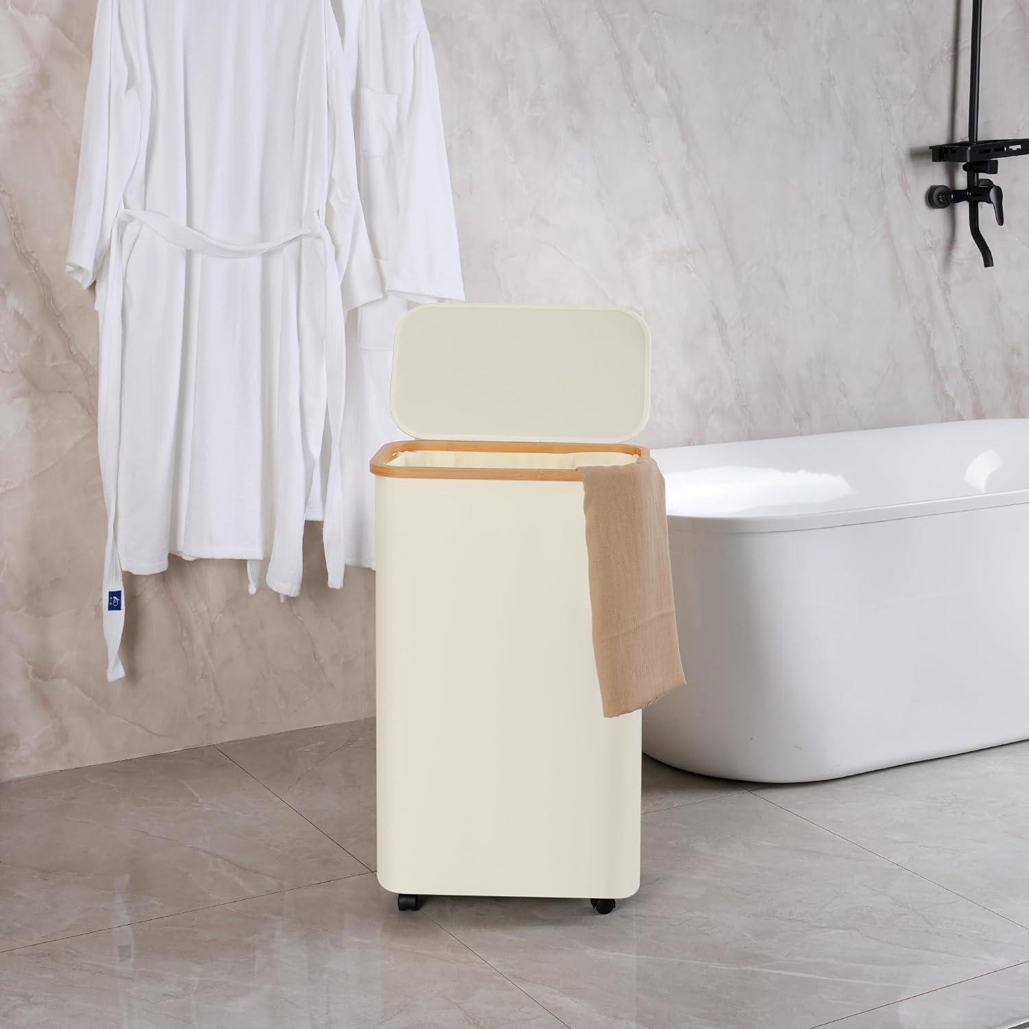 Faltbarer Wäschekorb 75L mit Rollen und Deckel Beige Bambus