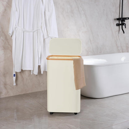 Faltbarer Wäschekorb 75L mit Rollen und Deckel Beige Bambus