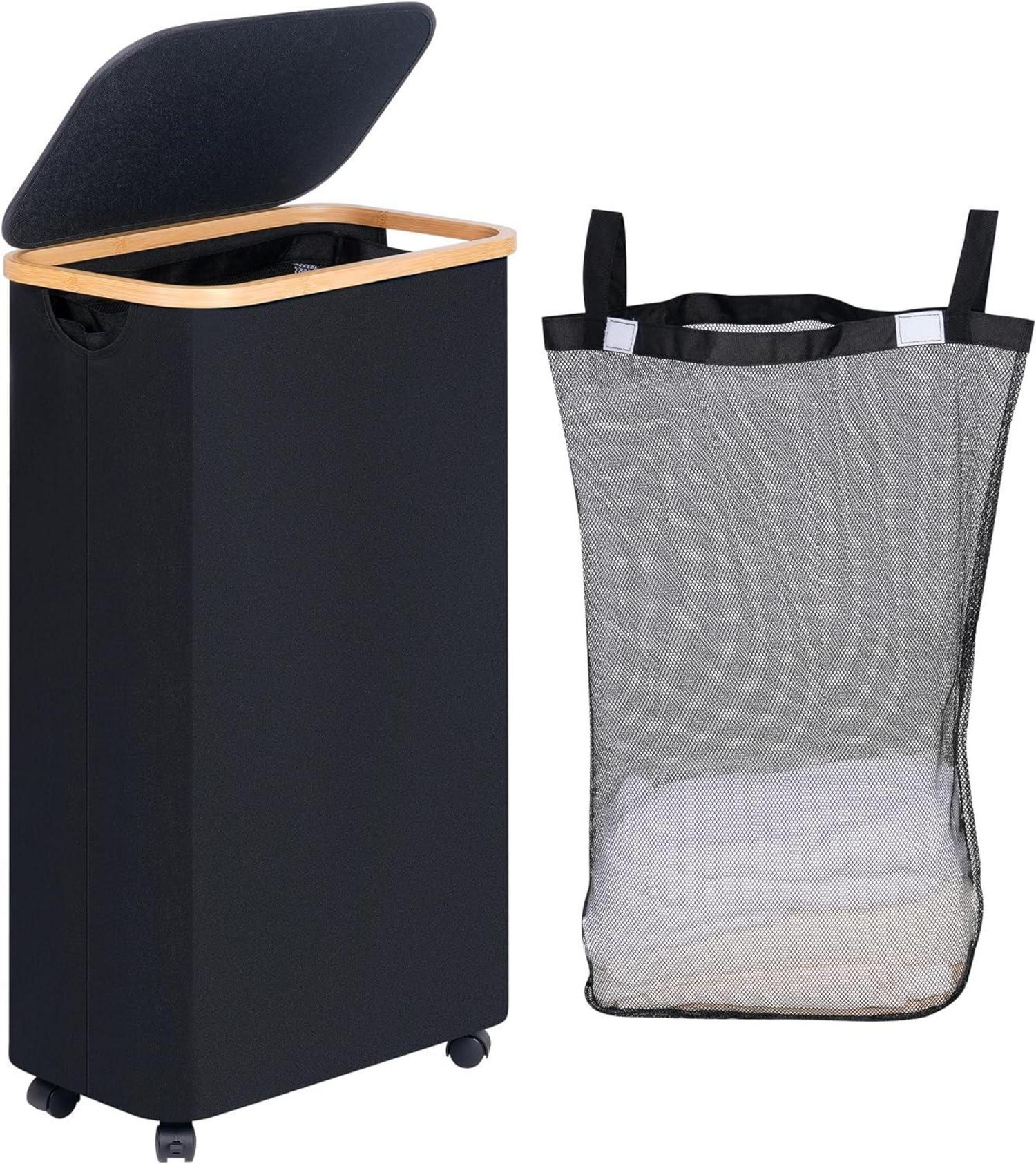 Wäschekorb mit Rollen 75L Schwarz Deckel Bambusgriffe & Beutel
