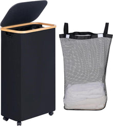 Wäschekorb mit Rollen 75L Schwarz Deckel Bambusgriffe & Beutel