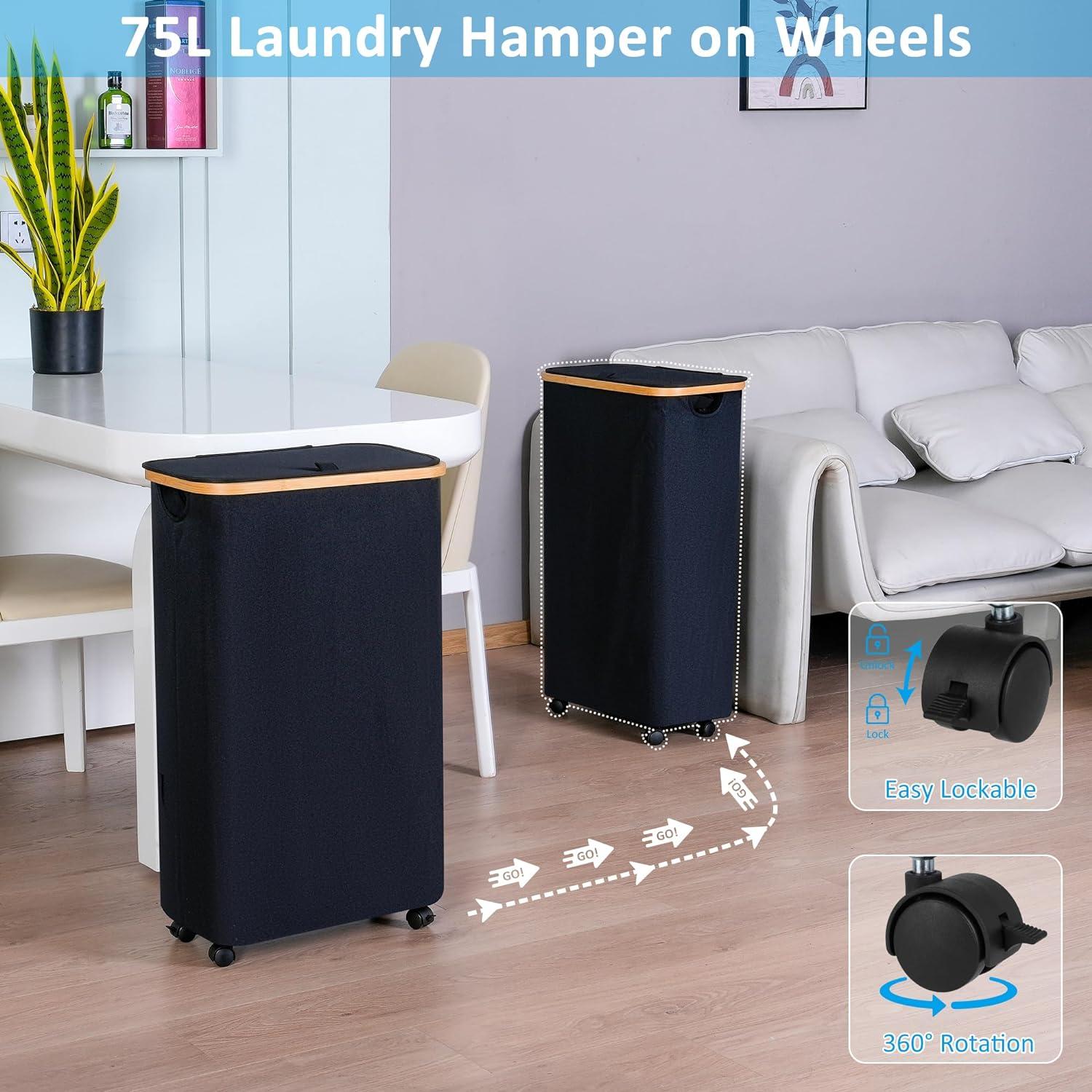 efluky 75L Wäschekorb mit Rollen und Deckel, Schwarze