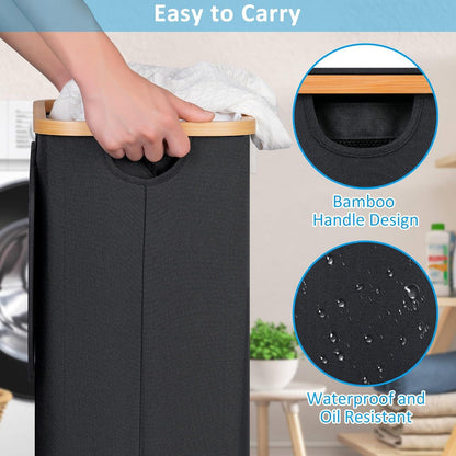 efluky Wäschekorb mit Rollen, 75L Schwarz Bambusgriffe abnehmbarer Beutel