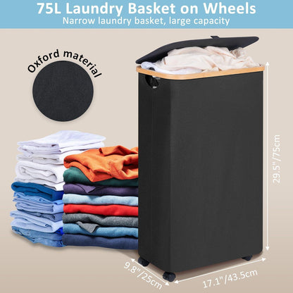 Wäschekorb mit Rollen 75L Schwarz Deckel Bambusgriffe abnehmbarer Beutel