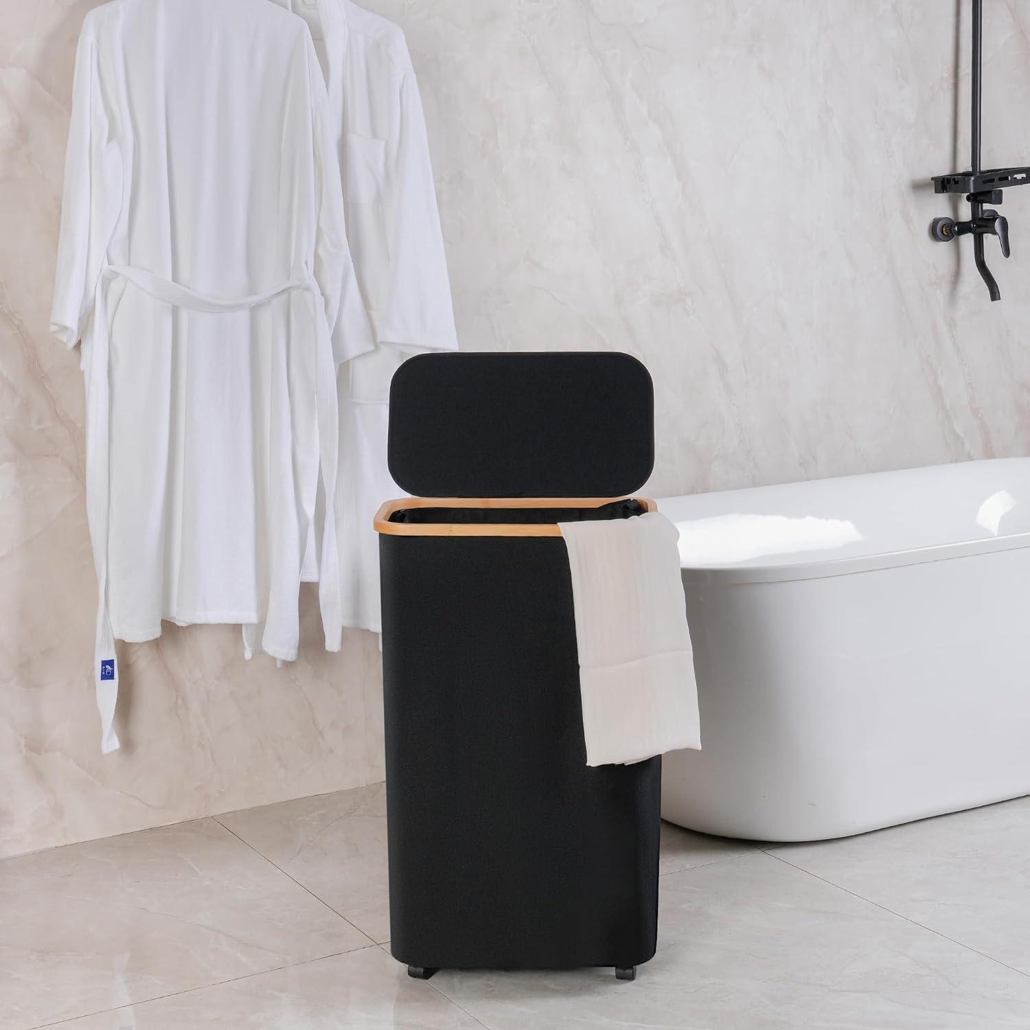 Wäschekorb mit Rollen 75L Schwarz Deckel Bambusgriffe abnehmbarer Beutel