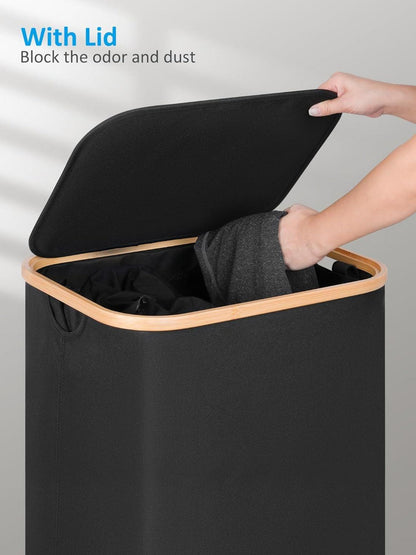 Wäschekorb mit Rollen und Deckel 100L Schwarz Bambusgriffen