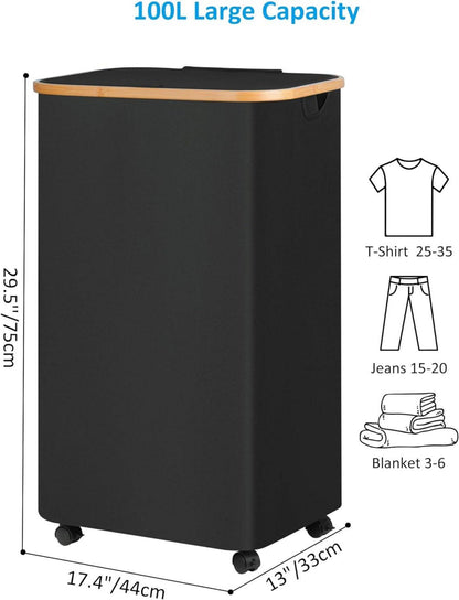 efluky Wäschekorb mit Rollen 100L - Schwarz, Faltbar, Bambusgriffe, abnehmbarer Beutel