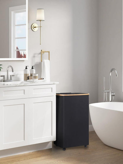 Extra Großer Wäschekorb mit Rollen und Deckel 100L Schwarz Bambusgriffe