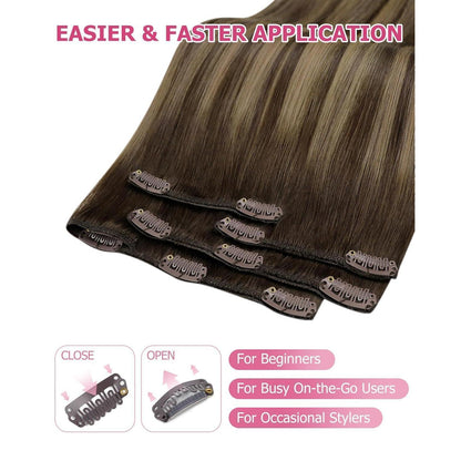 Clip-In Echthaar Extensions Ombre Dunkelbraun Karamellblond