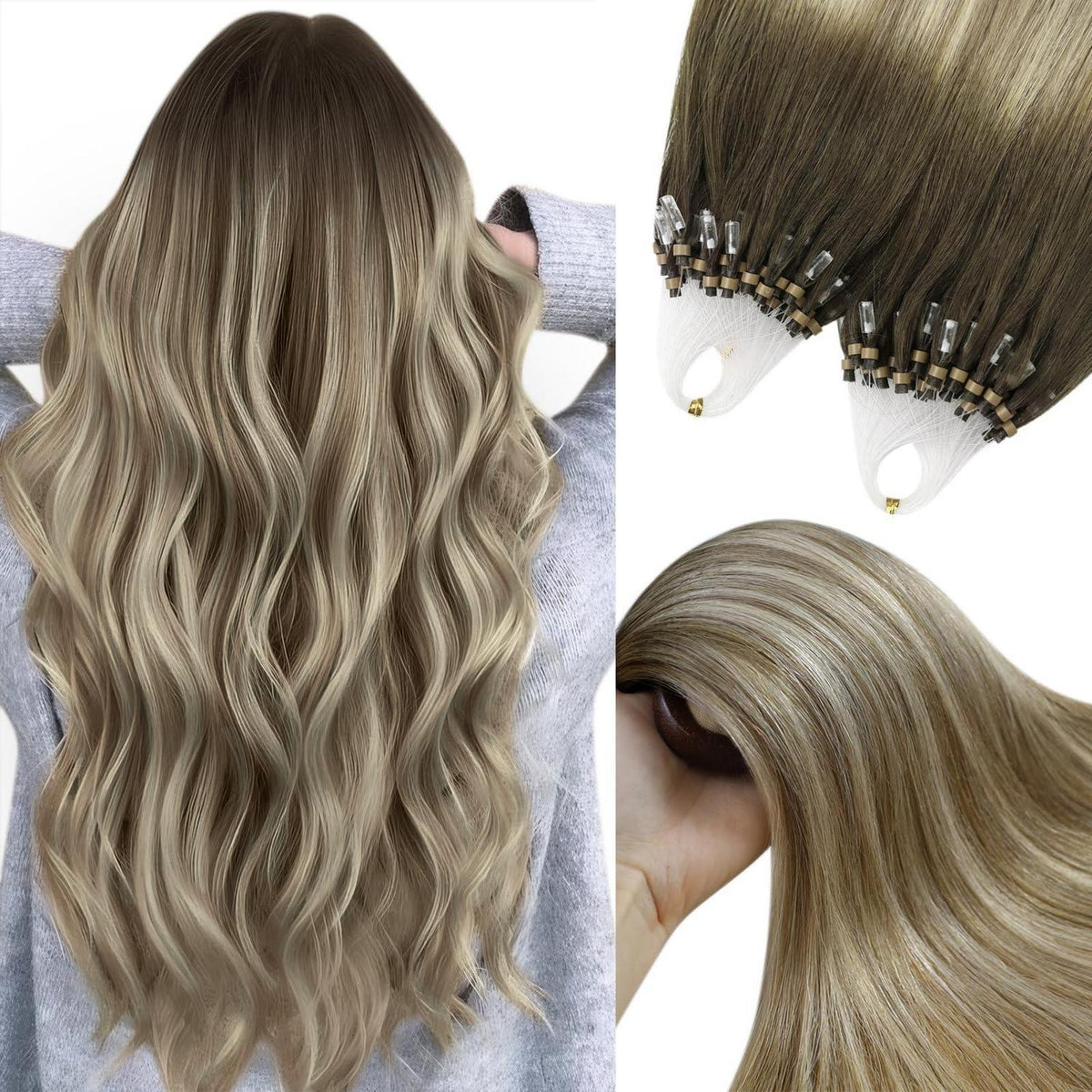 Echthaar Microring Extensions Braun Balayage Blond 50cm
