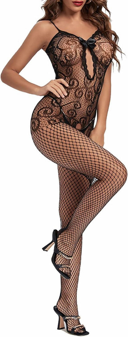 Sexy Ouvert Catsuit Bodystocking Spitze Schwarz fetisch