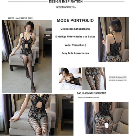 Sexy Spitze Bodystocking Catsuit Ouvert Erotische Reizwäsche Schwarz