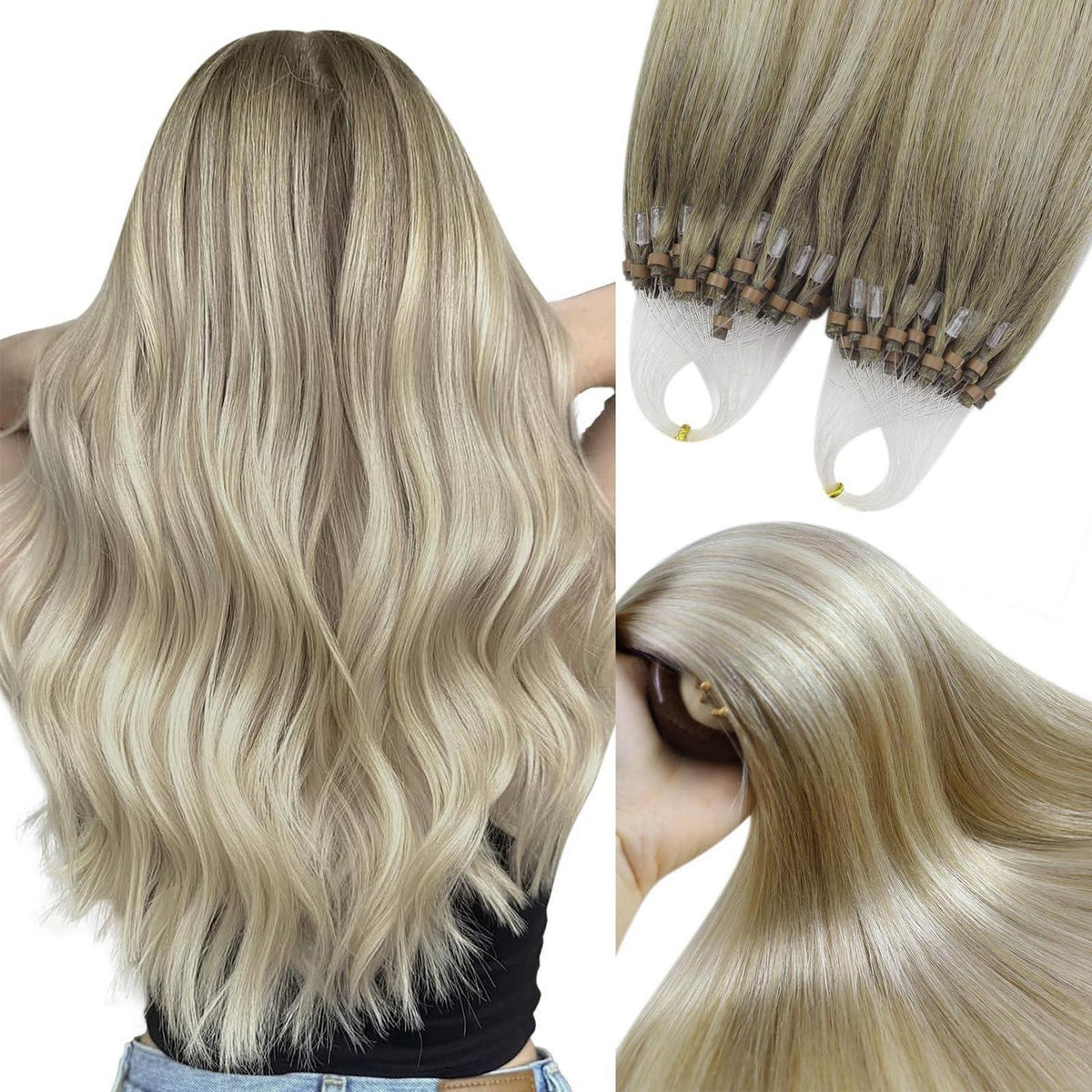 Echthaar Microring Extensions Ombre Aschblond 45cm