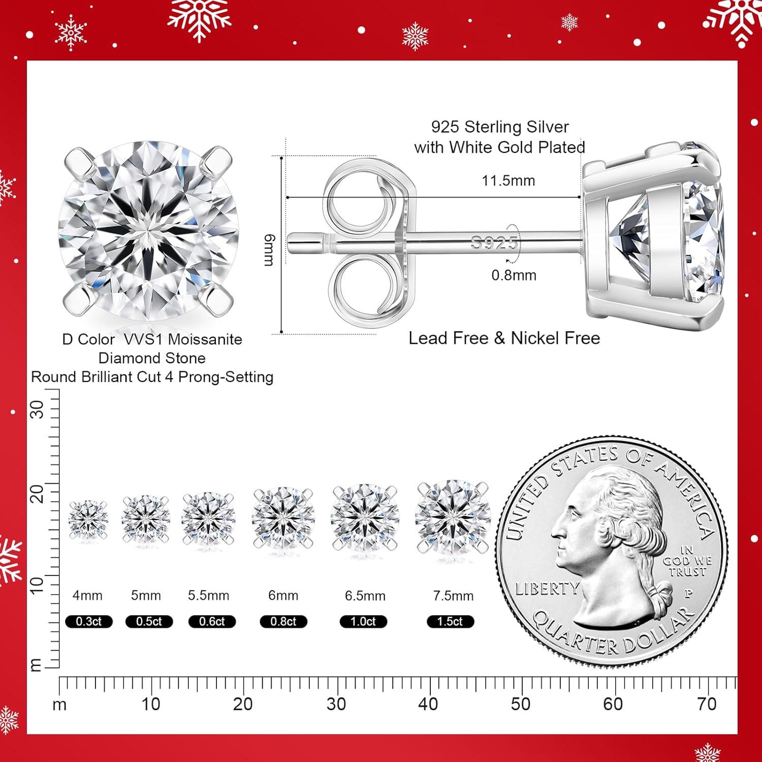 Moissanit Ohrringe 925 Silber Damen VVS1 D 1,2 Karat 5,5 mm