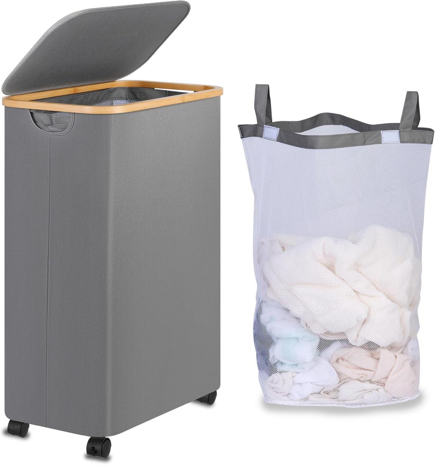Wäschekorb mit Deckel und Rollen Bambusgriff 110L Grau