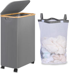 Wäschekorb mit Deckel und Rollen Bambusgriff 110L Grau