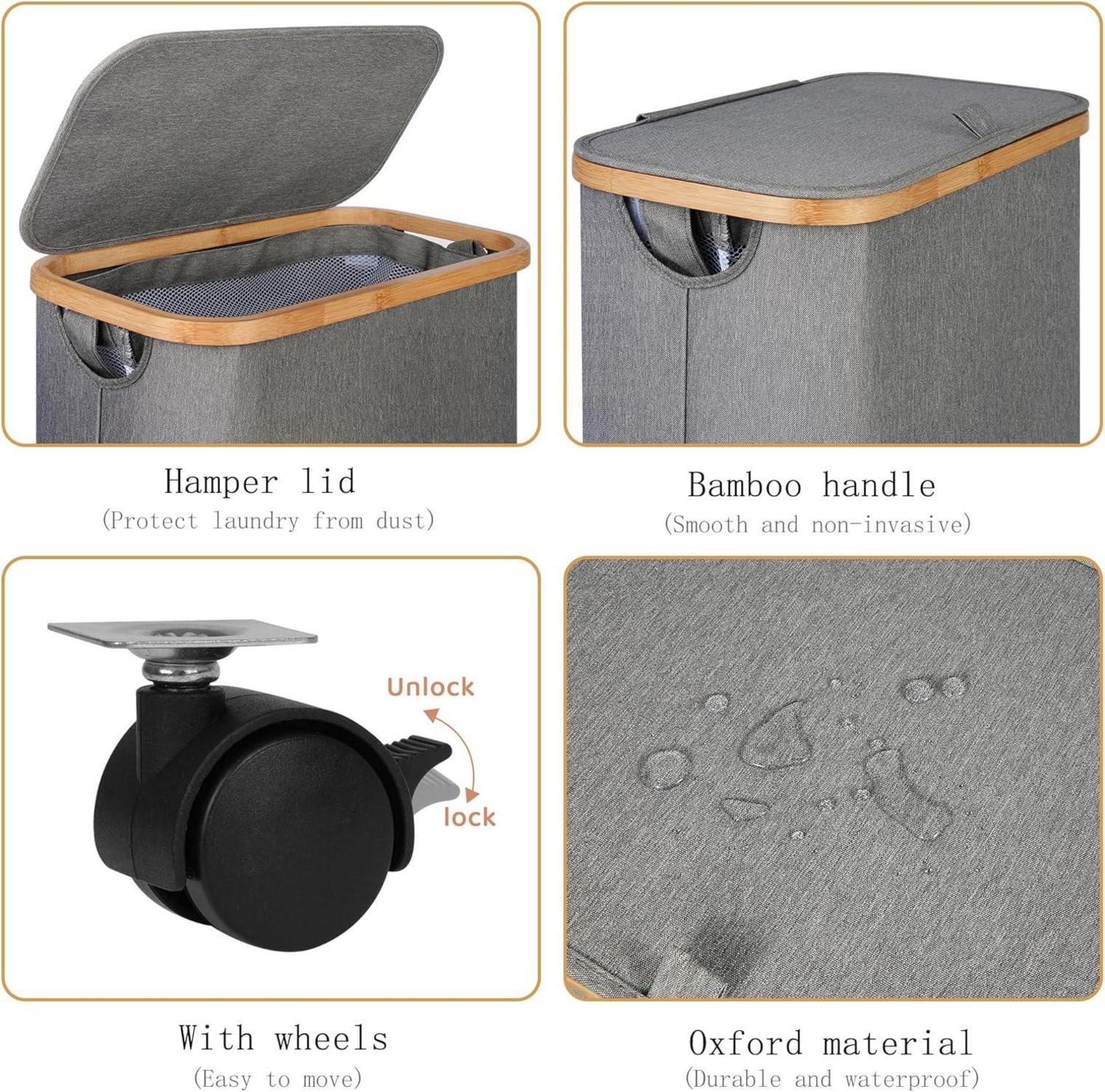 110L Wäschekorb mit Deckel, Rollen, Bambusgriff, abnehmbarem Innenbeutel Grau