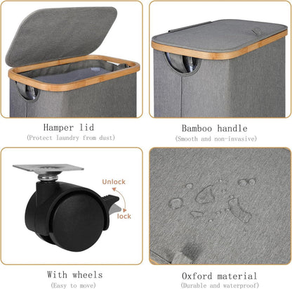 110L Wäschekorb mit Deckel, Rollen, Bambusgriff, abnehmbarem Innenbeutel Grau