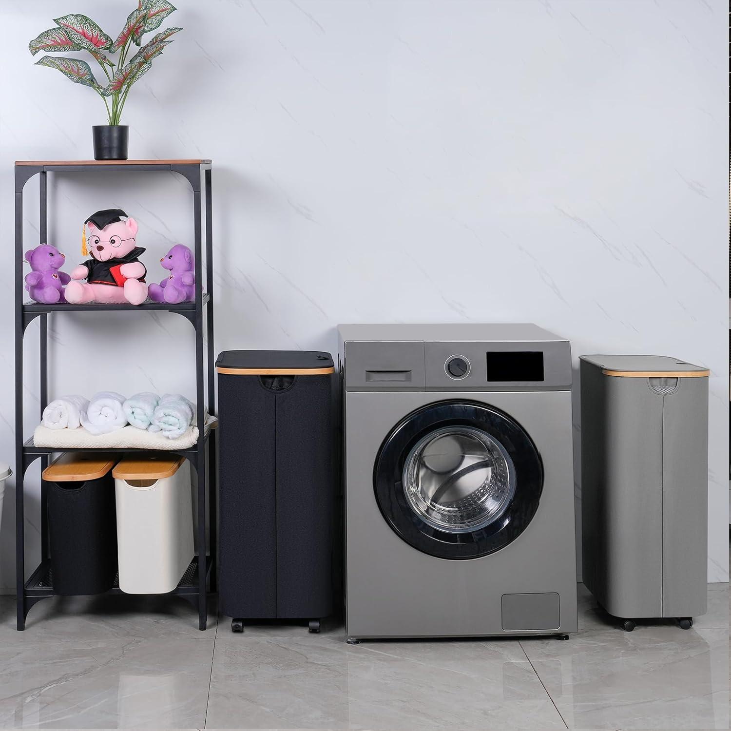 110L Wäschekorb mit Deckel und Rollen Bambusgriff Grau