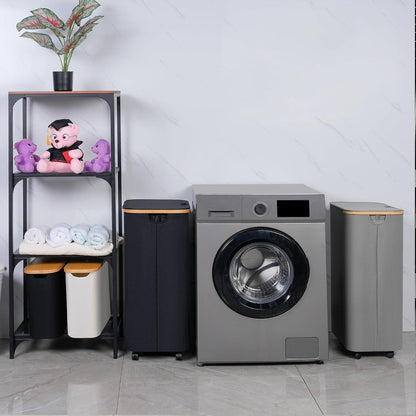 110L Wäschekorb mit Deckel und Rollen Bambusgriff Grau