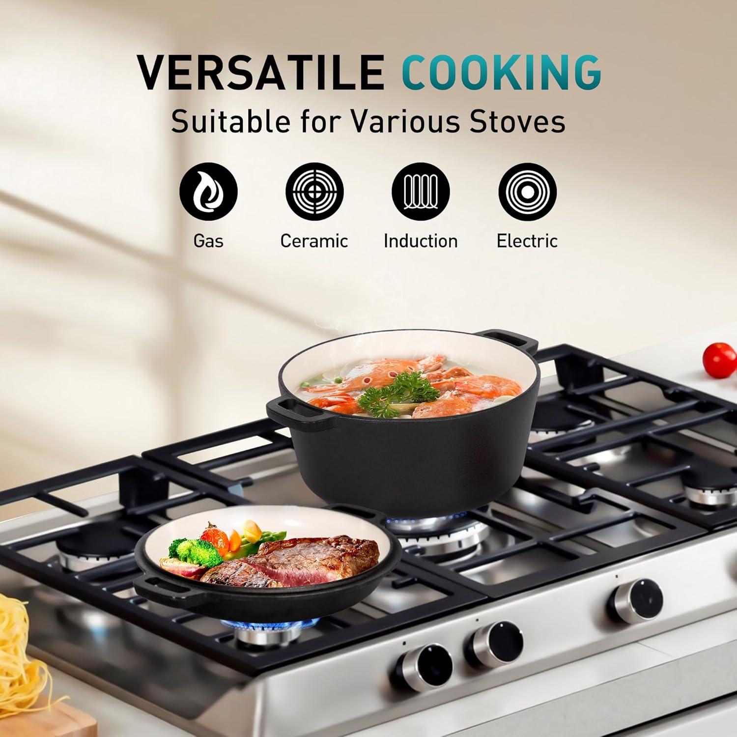Kitchen Academy 4.7L 2-in-1 Emaillierter Gusseisen Dutch Oven mit Pfannendeckel
