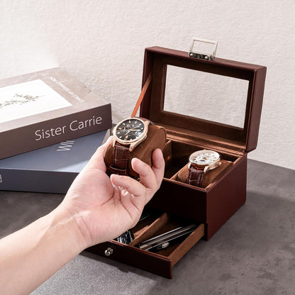 Uhrenbox mit 3 Fächern und Glasdeckel, Espresso