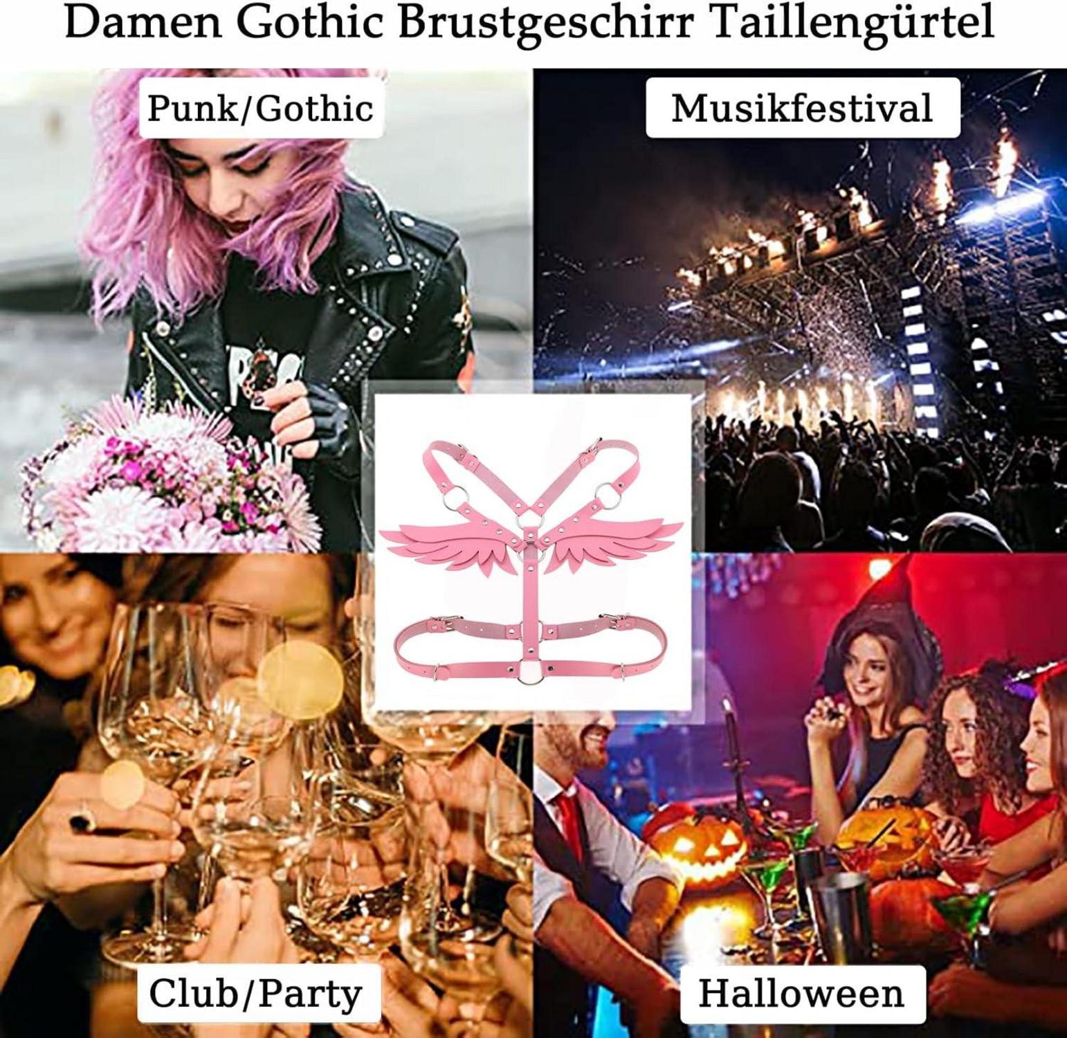 Sexy Damen Leder Body Harness Engelsflügel Gothic SM Clubwear Schwarz