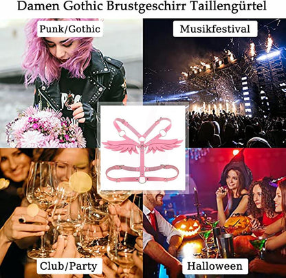 Sexy Damen Leder Body Harness Engelsflügel Gothic SM Clubwear Schwarz
