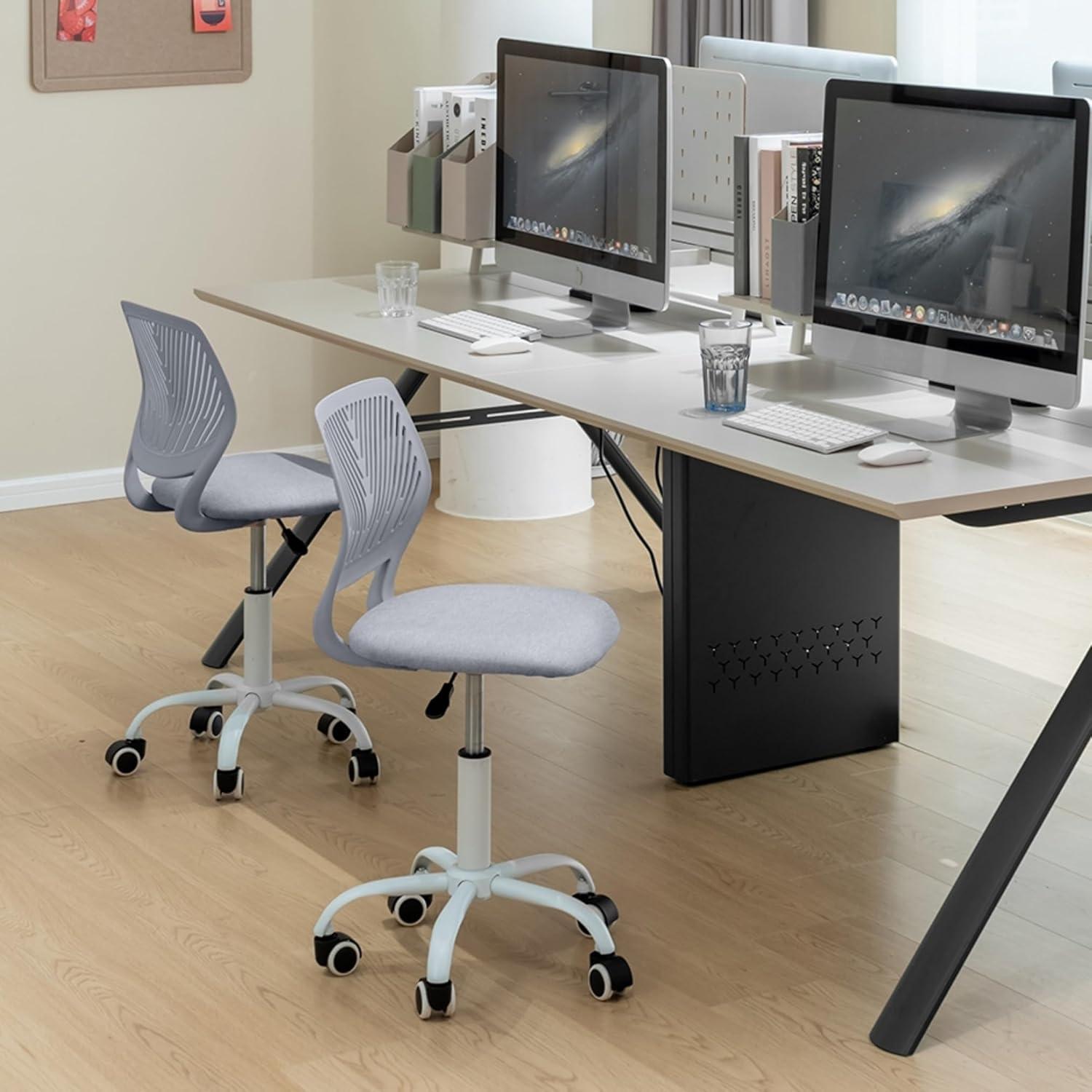 Ergonomischer Leinenstoff Schreibtischstuhl ohne Armlehne, höhenverstellbar, Bürostuhl, Hellgrau
