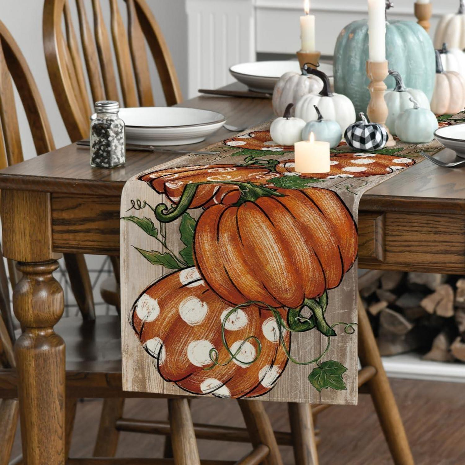 Artoid Herbst Tischläufer 40x100 cm Braun Blätter Kürbisse