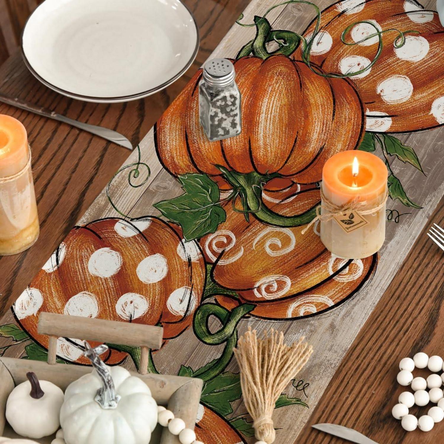Herbst Tischläufer Kürbisse Blätter 40x100 cm Braun Deco