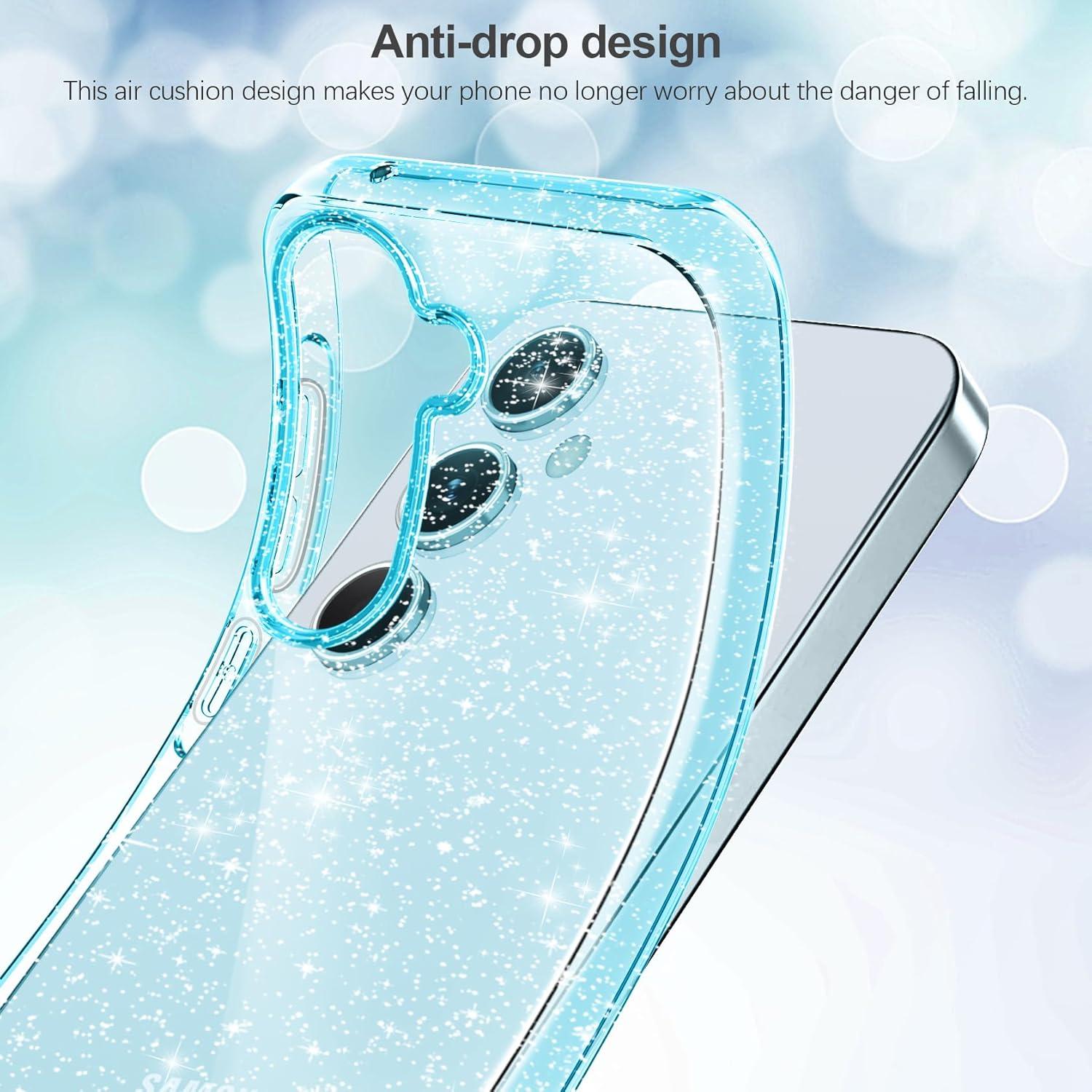 Transparente Glitzer Handyhülle Samsung Galaxy A55 5G mit 2 Schutzfolien Blau