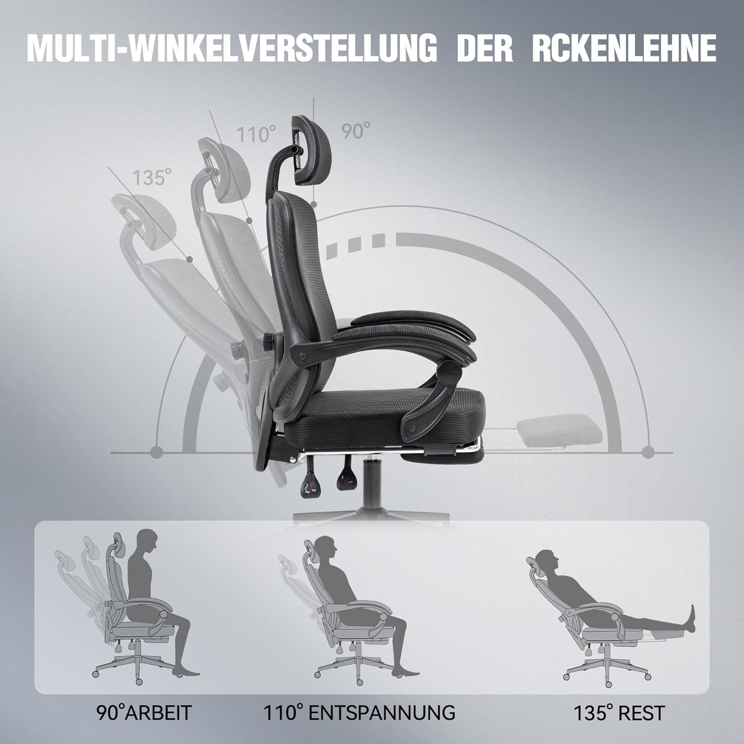 Ergonomischer Bürostuhl mit Kopfstütze und Fußstütze - Schwarz Orange
