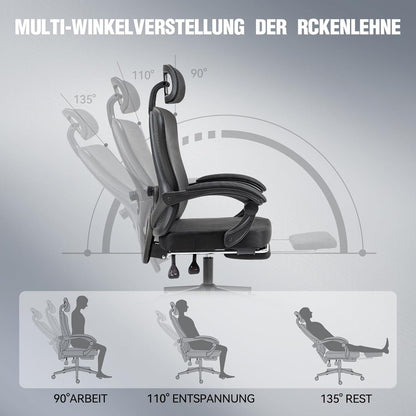 Ergonomischer Bürostuhl mit Kopfstütze und Fußstütze - Schwarz Orange