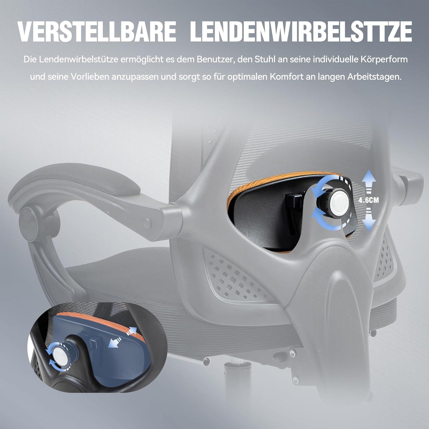 Ergonomischer Bürostuhl mit Kopfstütze, Lendenwirbelstütze, Fußstütze - Schwarz