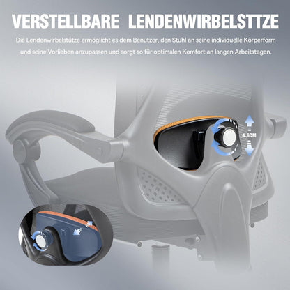 Ergonomischer Bürostuhl mit Kopfstütze, Lendenwirbelstütze, Fußstütze - Schwarz