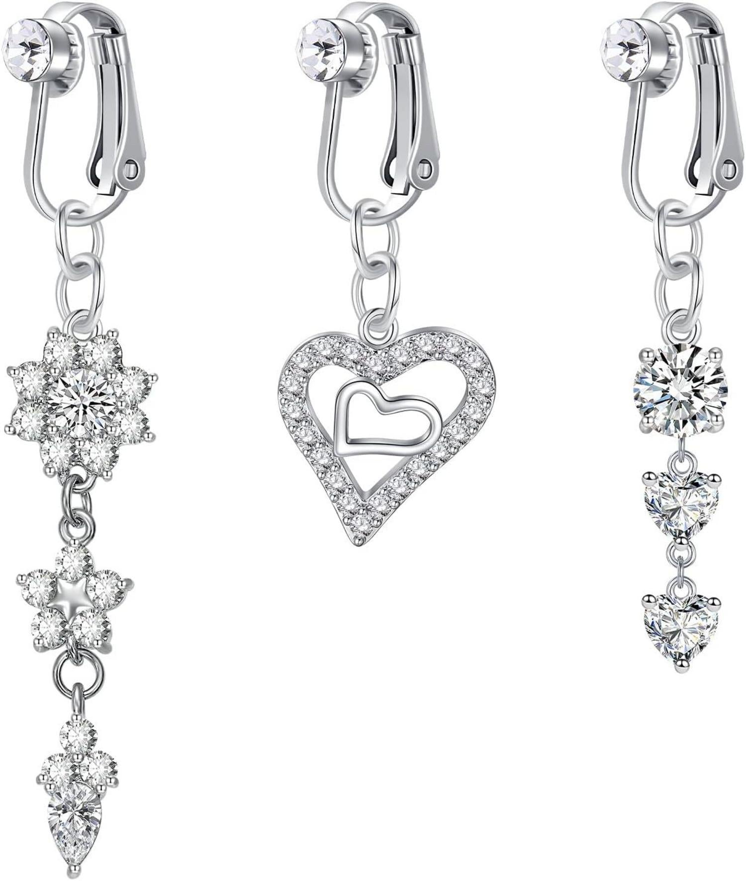 3er Set Fake Bauchnabelpiercing Silber Chirurgenstahl Clip CZ Herz