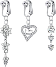 3er Set Fake Bauchnabelpiercing Silber Chirurgenstahl Clip CZ Herz