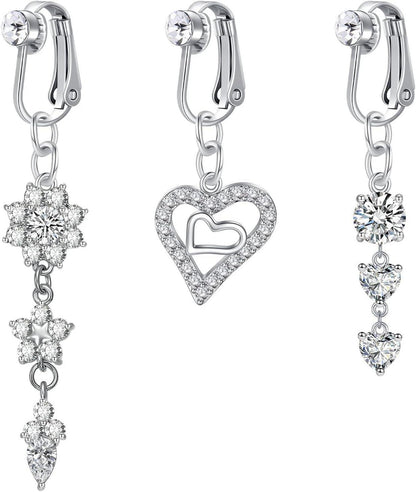 3er Set Fake Bauchnabelpiercing Silber Chirurgenstahl Clip CZ Herz