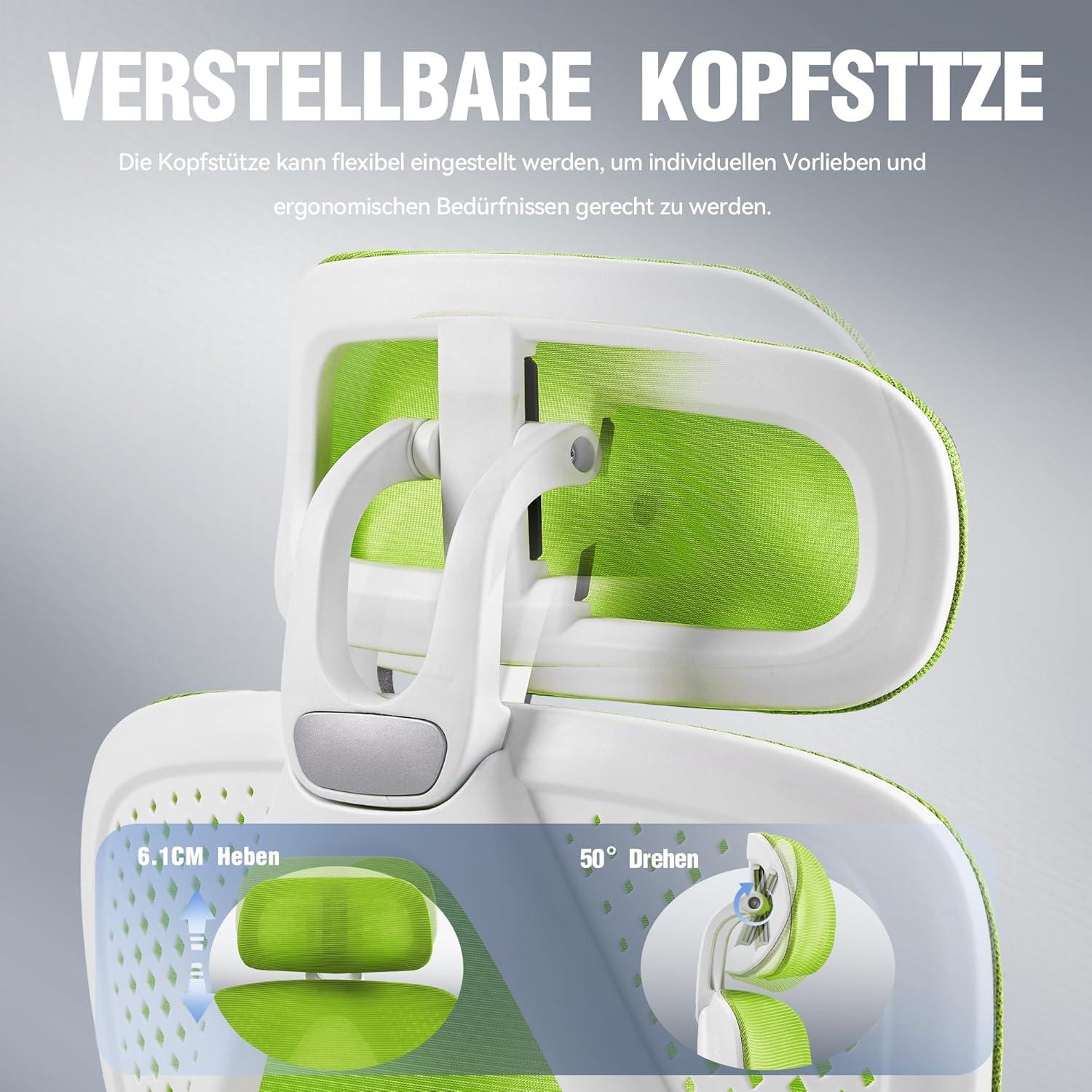 Ergonomischer Bürostuhl mit Kopfstütze und Fußstütze, Grün
