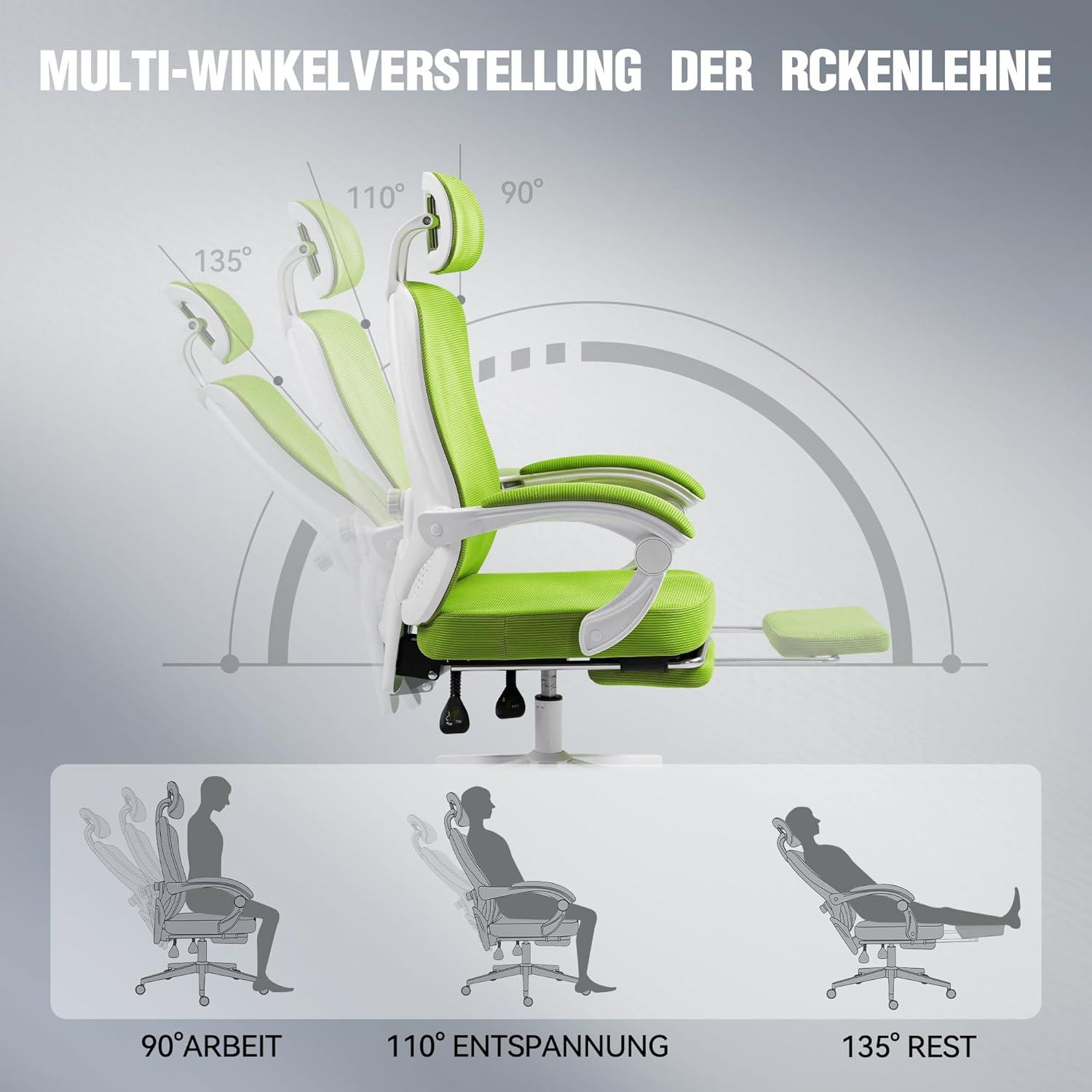 Ergonomischer Bürostuhl mit Kopf- und Lendenwirbelstütze in Grün