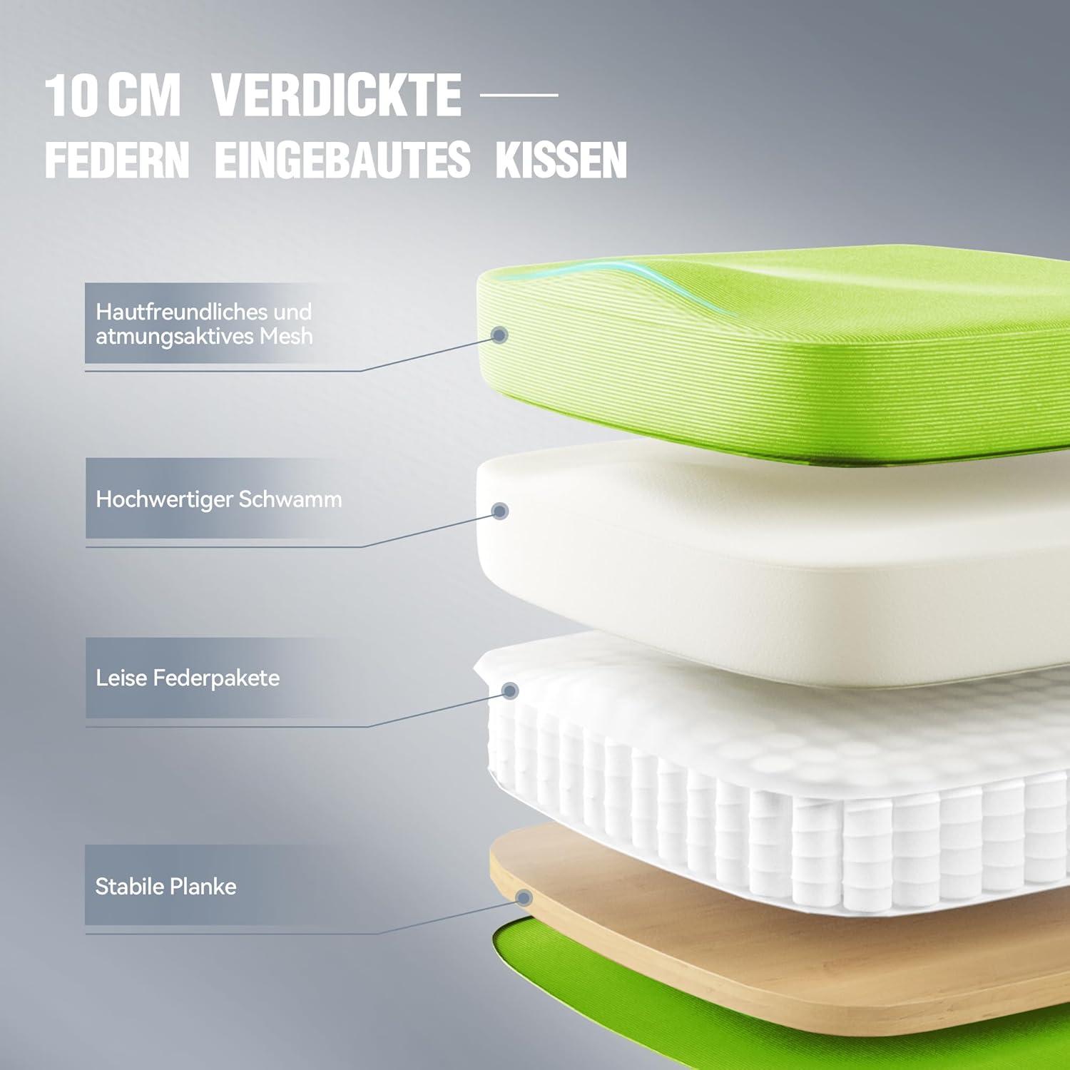 Ergonomischer Bürostuhl Kopfstütze Lendenstütze Grün Mesh 150kg