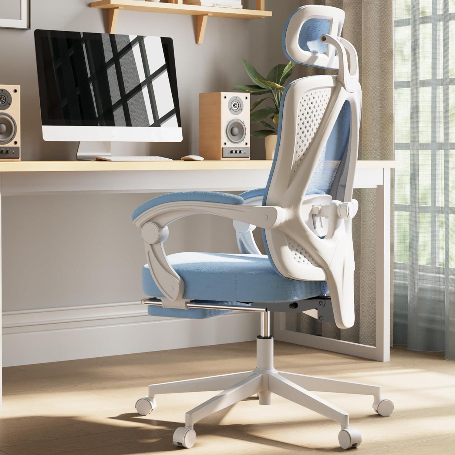 Ergonomischer Mesh Bürostuhl mit Fußstütze Blau