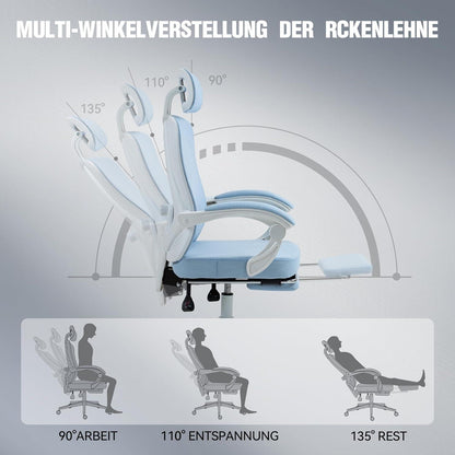 Ergonomischer Bürostuhl mit Mesh-Rückenlehne und Fußstütze, Blau