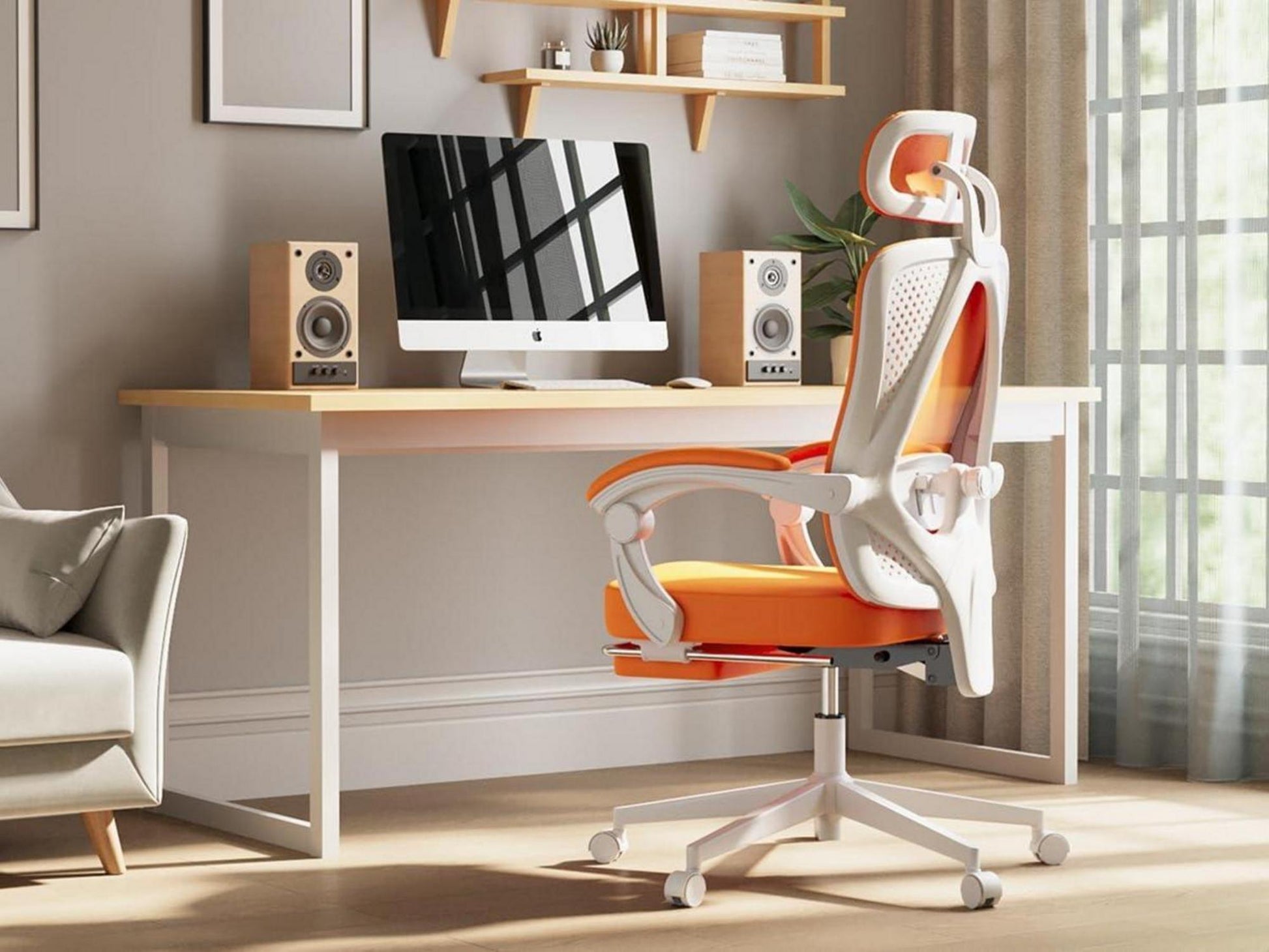 Ergonomischer Bürostuhl mit Fußstütze, Orange Mesh-Stuhl