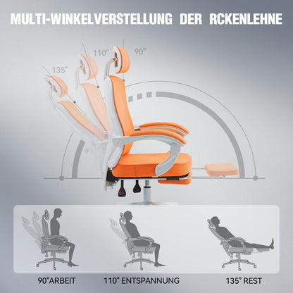 Ergonomischer Bürostuhl mit Mesh-Rückenlehne und Fußstütze, Orange