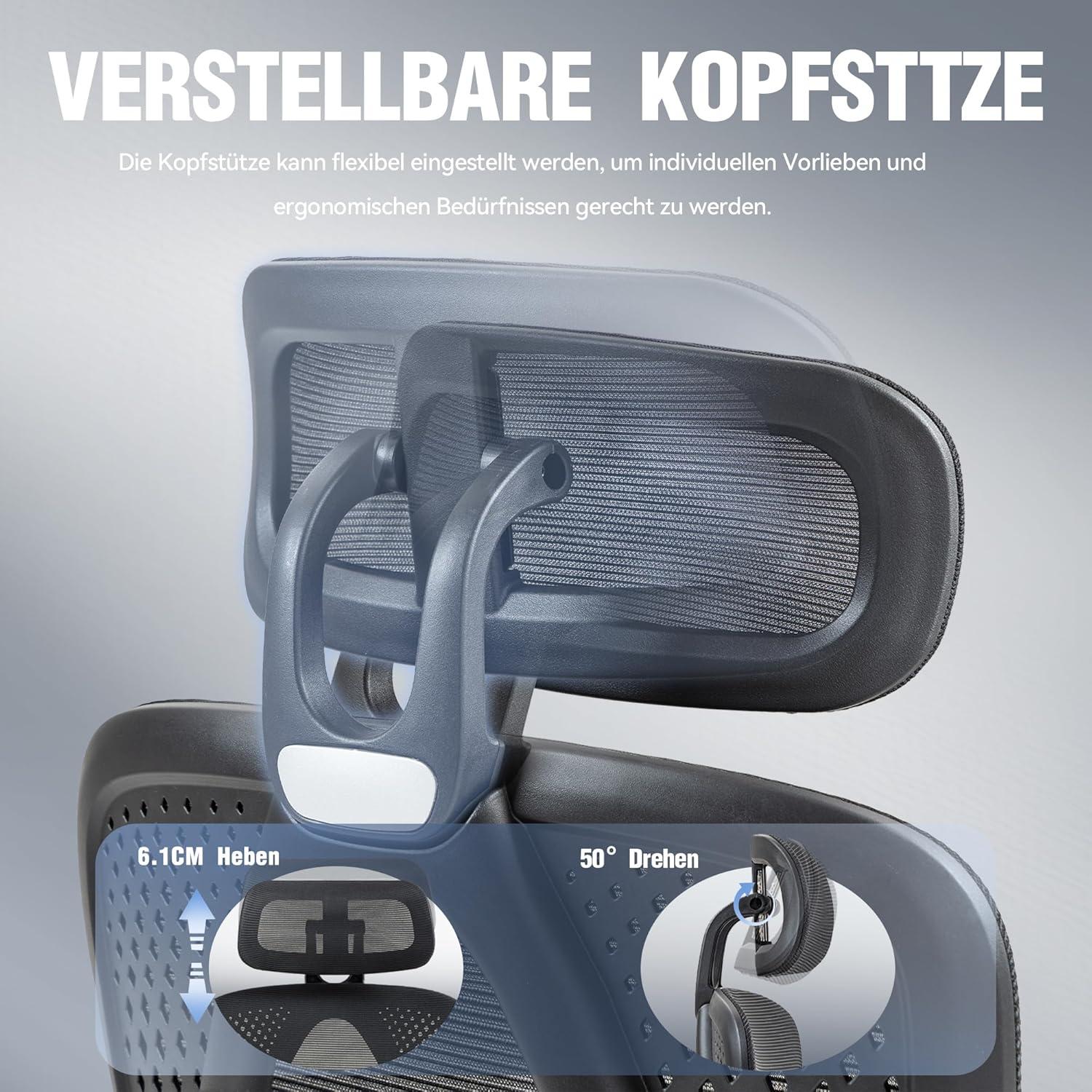 Ergonomischer Bürostuhl mit Kopf- und Lendenwirbelstütze, Fußstütze, höhenverstellbar - Schwarz